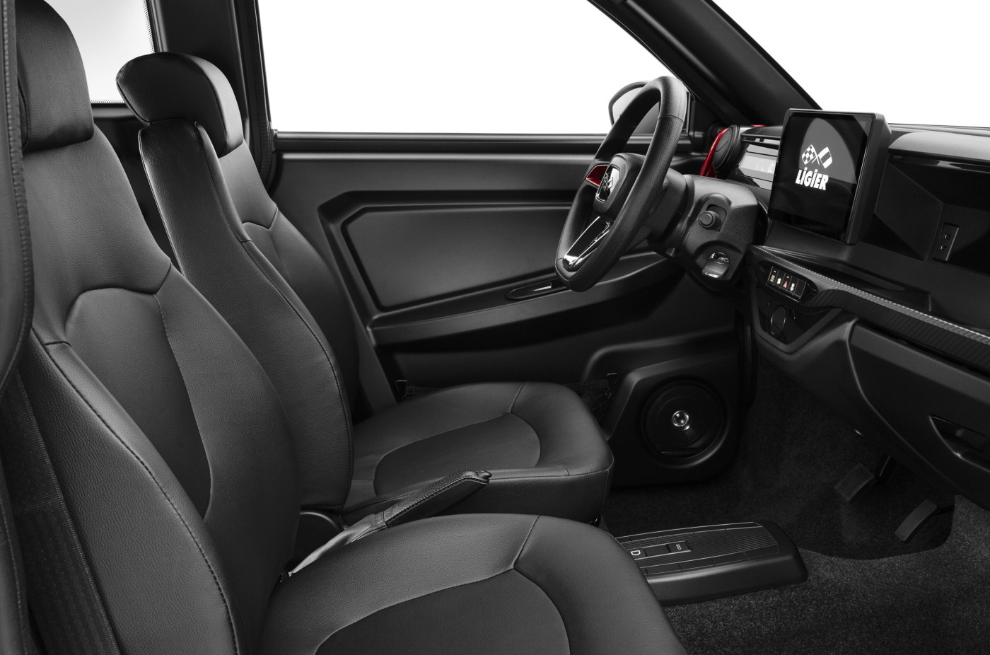 2023 Ligier Myli ADV Photo E.PIC Toledo Red Configurator Seats Ligier Logo 1 scaled